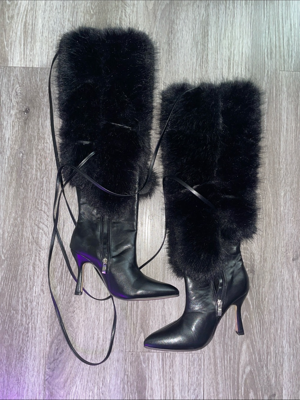 Black Faux-Fur Knee-High Lace-Up Stiletto Boots